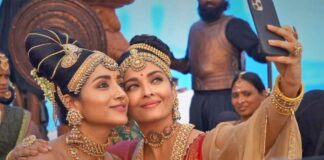 Trisha Krishnan poses with Aishwarya Rai Bachchan on 'Ponniyin Selvan' set