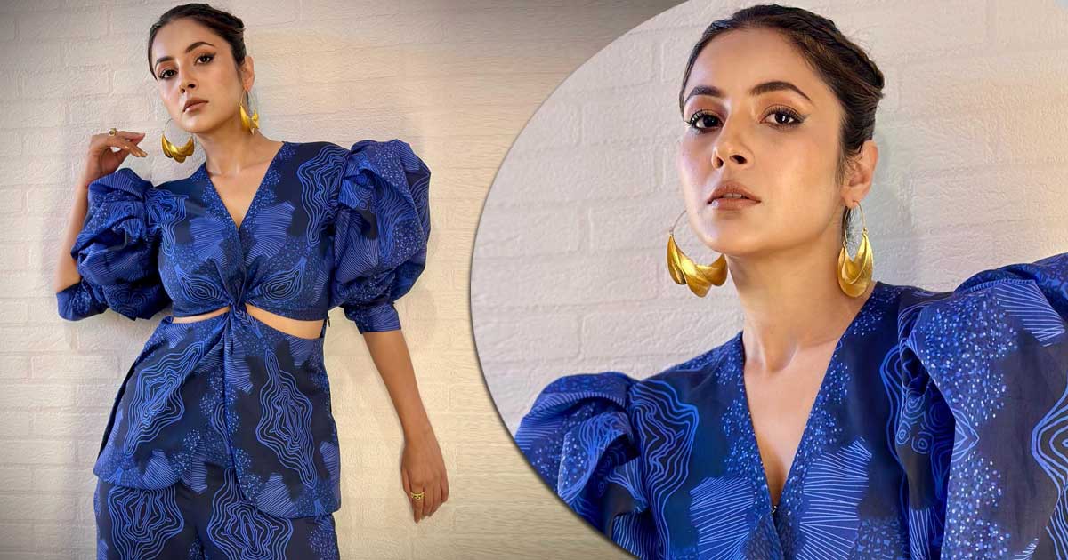 Shehnaaz Gill Wears A Blue Coloured Co-Ord Set Featuring Powered Sleeves & Cut-Out Detailing