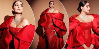 Sonam Kapoor Serves It Right As The Tru Blu Fashionista, Wears A Red Gown With Dramatic Sleeves