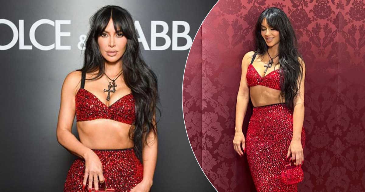 Kim Kardashian Flaunts Her S*xy Hourglass Figure In A Sequin Crop Top & Body Hugging Skirt