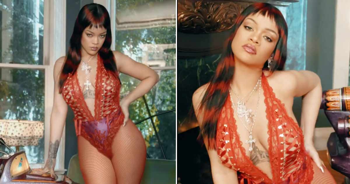 Rihanna Ticks All The Valentine's Day S*xy Boxes In This Plunging Red Lingerie Paired With Matching Mesh Stockings
