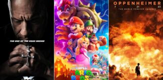 Fast X - Super Mario Bros. - Oppenheimer ke posters ka collage Lena and andar bhi dalna