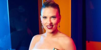 Scarlett Johansson Looked Like An Angel In White Sequined Gown With Plunging Neckline & Thigh-High Slit