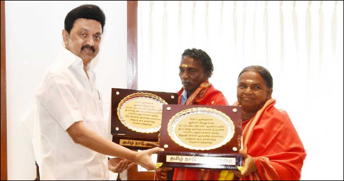 Stalin felicitates elephant whisperers Bomman and Bellie