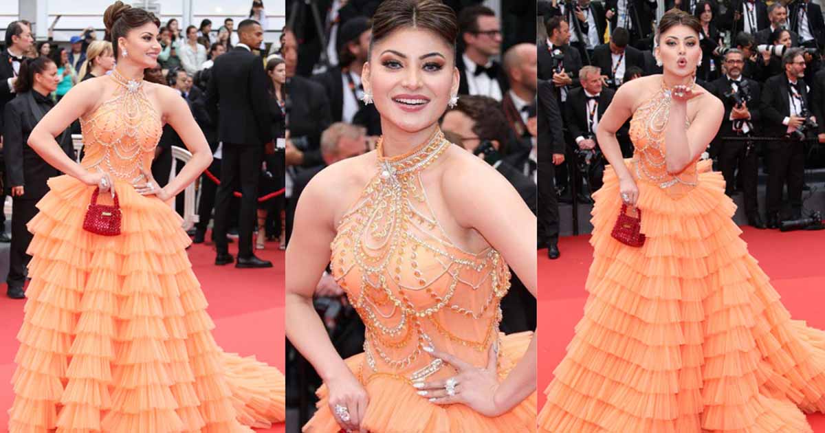 Cannes Film Festival 2023 : Urvashi Rautela Shines at Cannes Film Festival Day 2 in Sequined Frill Orange Gown