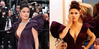 Salma Hayek Flaunts Her Cleav*ge For The World To See In A S*xy Plunging Neck Purple Gown, She’s Aging Like Expensive Fine Wine!