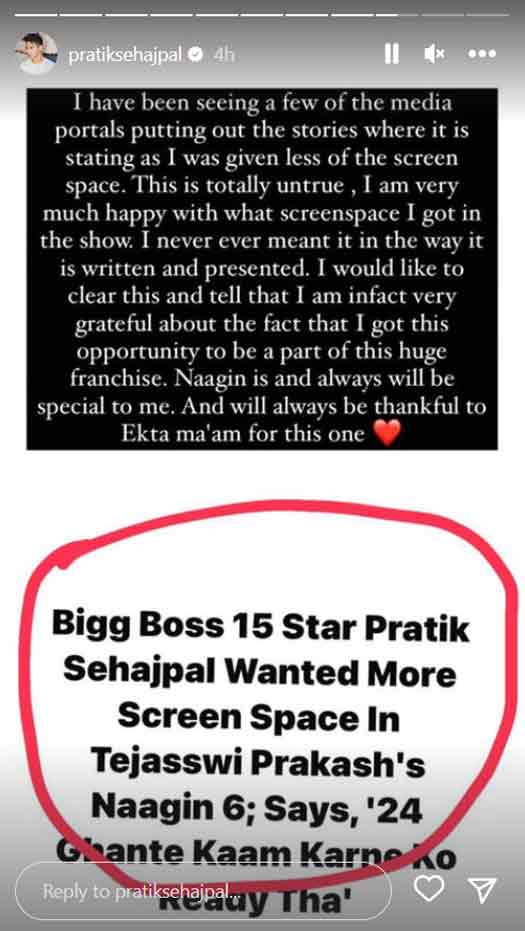 Pratik Sehajpal clears the misleading statement about him wanting more screen space in Naagin 6, says, “I never meant it in the way it is written and presented”