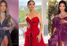 Jennifer Lopez’s Nude Sheer Floral Gown With A Hip-High Slit, Salma Hayek’s Figure-Hugging Metallic Number & Kim Kardashian Looking Like A Sensual Barbie Are Sure To Get Doubt Thumbs Up From Fashionistas